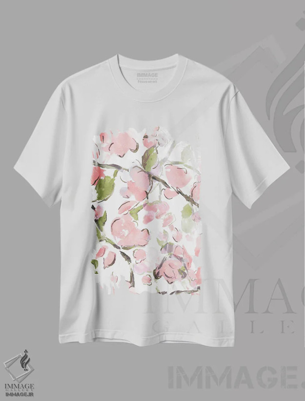 تیشرت سفید طرح دار گل های بهاری صورتی، دکور معاصر اثر ال. هیویت | فروشگاه ایماژ