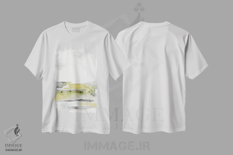 تیشرت سفید طرح دار منظرهٔ دریایی ارگانیک سبز شماره ۱، آبستره اثر لیلا براما | فروشگاه ایماژ
