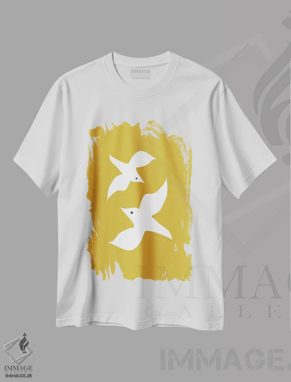 تیشرت سفید طرح دار مرغان عاشق خردلی، تزئینی اثر لیندا گوبتا | فروشگاه ایماژ
