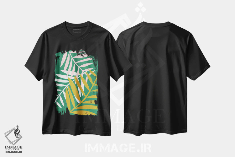 تیشرت مشکی طرح دار برگ های نخل سبز، دکور بوهمی اثر لیندا گوبتا | فروشگاه ایماژ