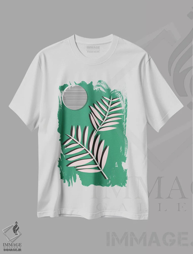 تیشرت سفید طرح دار برگ های نخل در مهتاب، دکور بوهمی اثر لیندا گوبتا | فروشگاه ایماژ