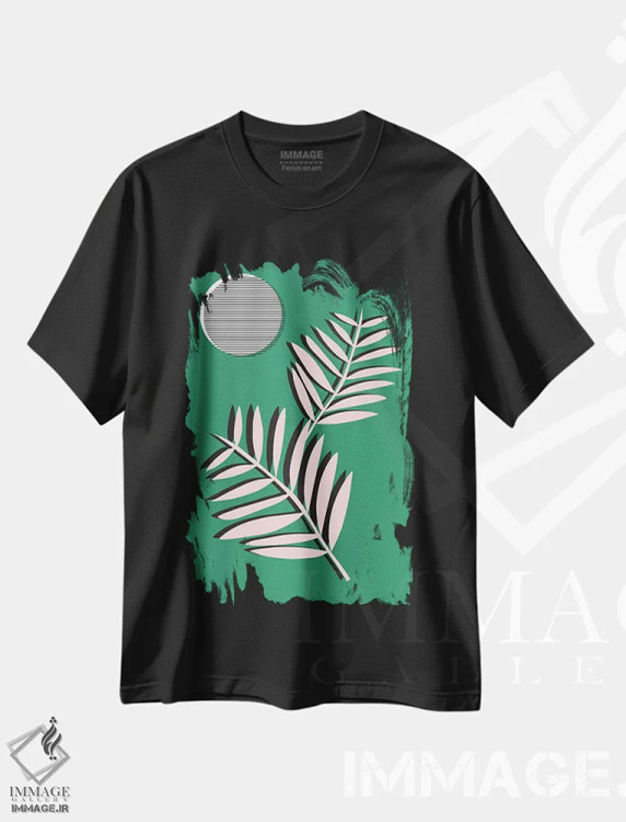 تیشرت مشکی طرح دار برگ های نخل در مهتاب، دکور بوهمی اثر لیندا گوبتا | immage.ir
