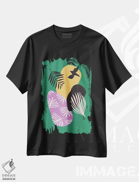تیشرت مشکی طرح دار پرندگان گرمسیری در میان سبزه ها، آبستره اثر لیندا گوبتا | immage.ir