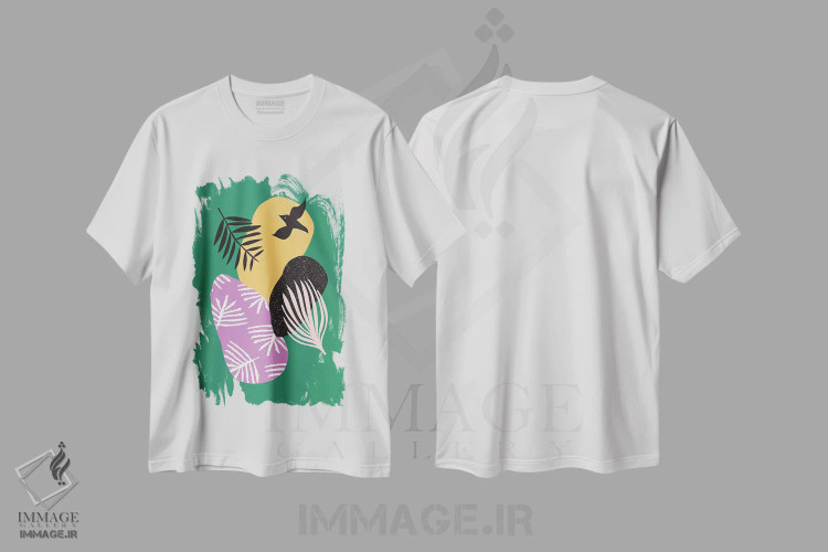 تیشرت سفید طرح دار پرندگان گرمسیری در میان سبزه ها، آبستره اثر لیندا گوبتا | فروشگاه ایماژ