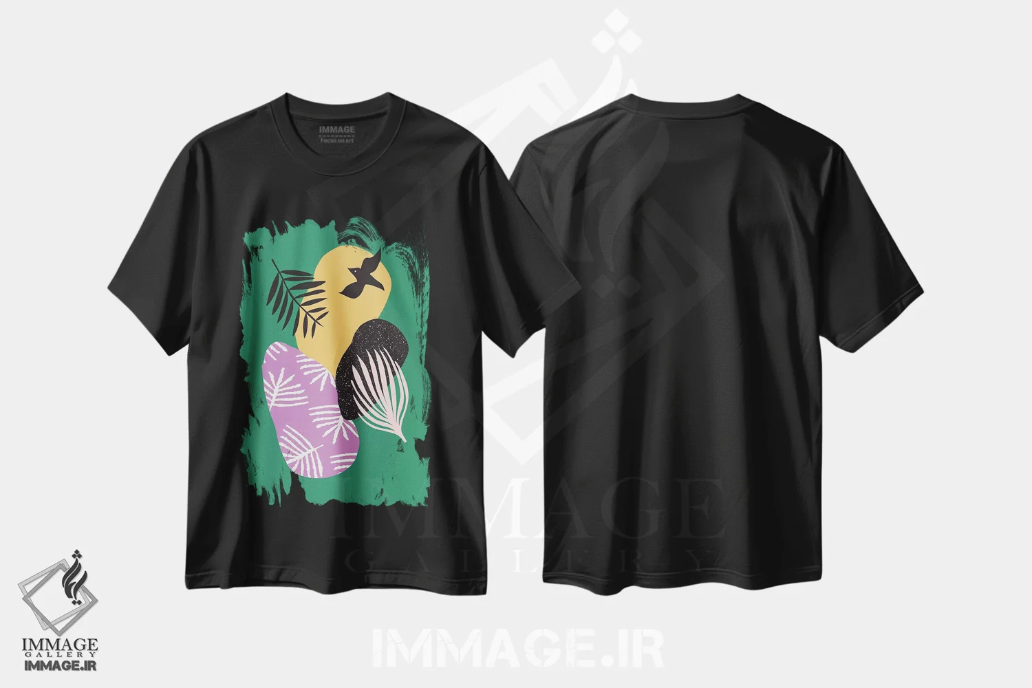 تیشرت مشکی طرح دار پرندگان گرمسیری در میان سبزه ها، آبستره اثر لیندا گوبتا | immage.ir