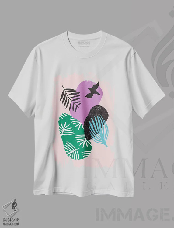 تیشرت سفید طرح دار پرندگان گرمسیری در میان صورتی ها، آبستره اثر لیندا گوبتا | فروشگاه ایماژ