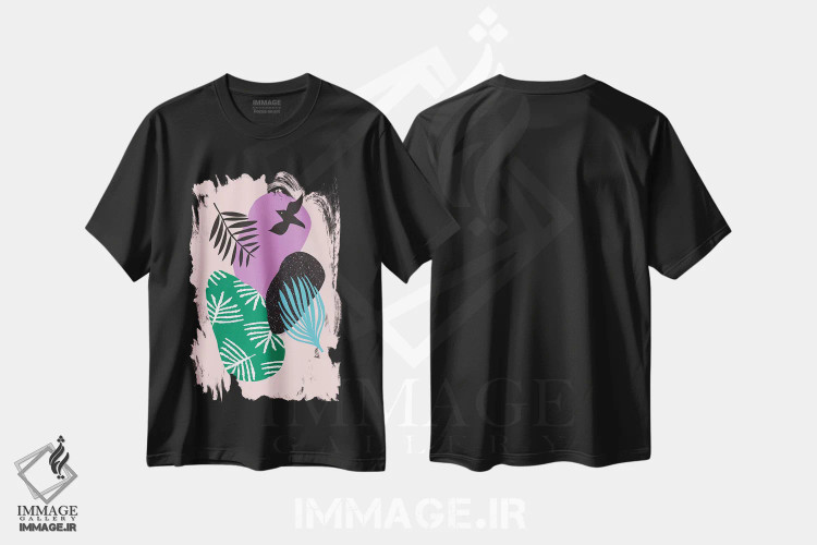 تیشرت مشکی طرح دار پرندگان گرمسیری در میان صورتی ها، آبستره اثر لیندا گوبتا | immage.ir