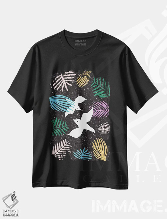 تیشرت مشکی طرح دار پرندگان بهشتی، تزئینی اثر لیندا گوبتا | فروشگاه ایماژ