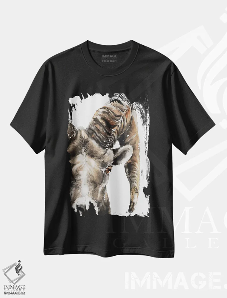 تیشرت مشکی طرح دار قوچ سنگی، هنر فاخر معاصر اثر سو بنگ لیم | فروشگاه ایماژ
