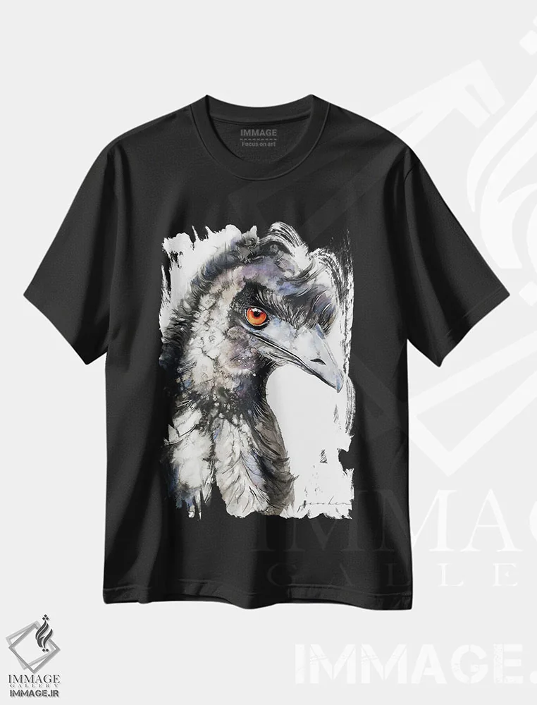 تیشرت مشکی طرح دار شترمرغ دونده ۴، هنر فاخر معاصر اثر سو بنگ لیم | فروشگاه ایماژ