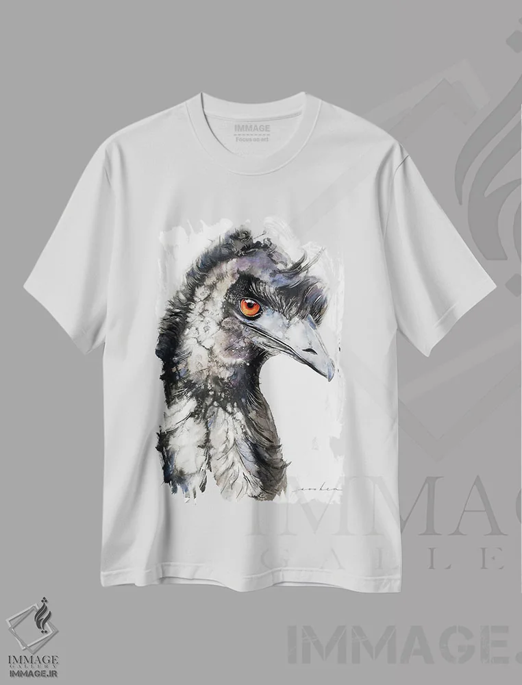 تیشرت سفید طرح دار شترمرغ دونده ۴، هنر فاخر معاصر اثر سو بنگ لیم | immage.ir
