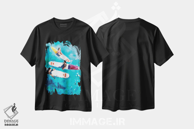تیشرت مشکی طرح دار پیوند موج سواران، دکور ساحلی اثر سو بنگ لیم | فروشگاه ایماژ