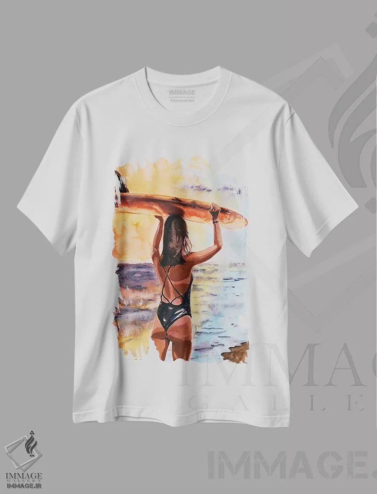 تیشرت سفید طرح دار دختر موج سوار، دکور ساحلی اثر سو بنگ لیم | فروشگاه ایماژ