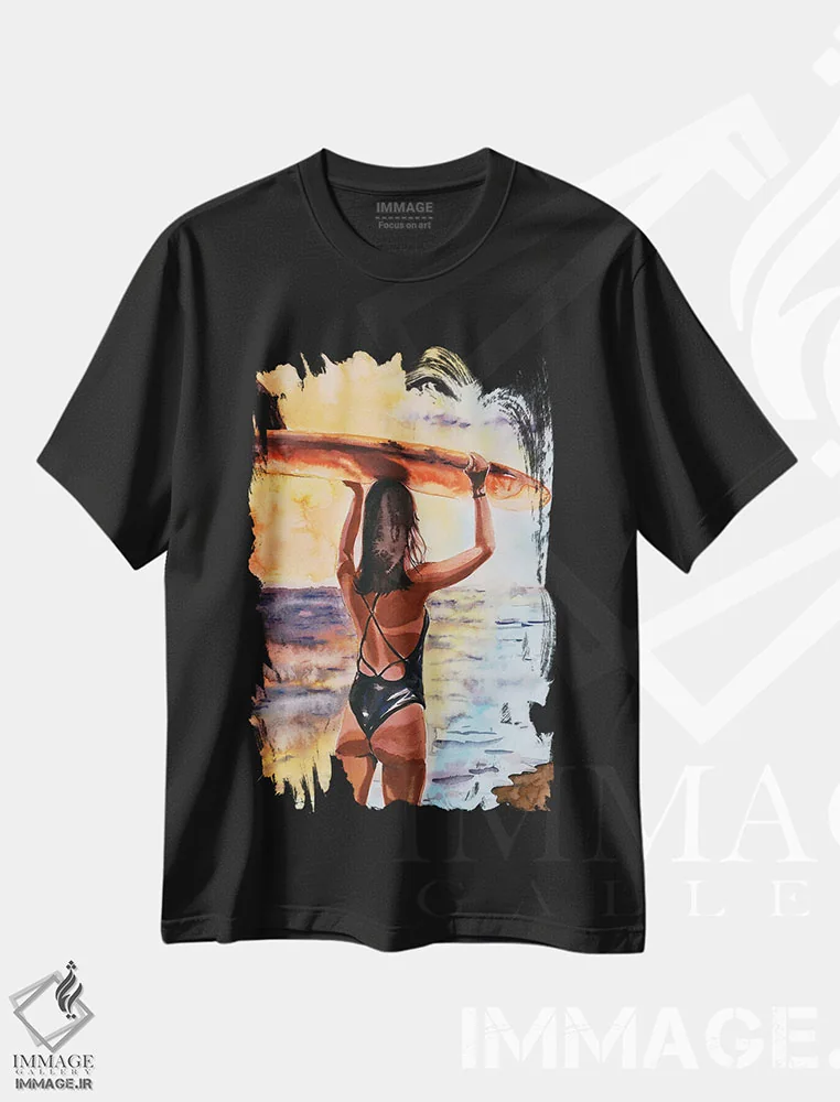 تیشرت مشکی طرح دار دختر موج سوار، دکور ساحلی اثر سو بنگ لیم | immage.ir