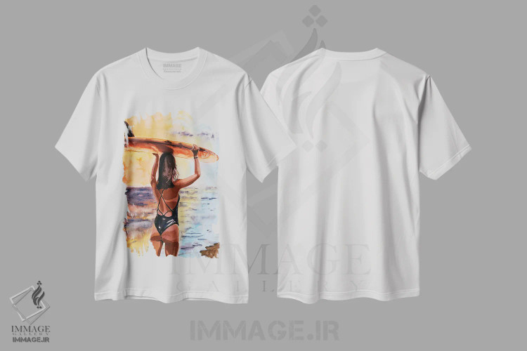 تیشرت سفید طرح دار دختر موج سوار، دکور ساحلی اثر سو بنگ لیم | فروشگاه ایماژ