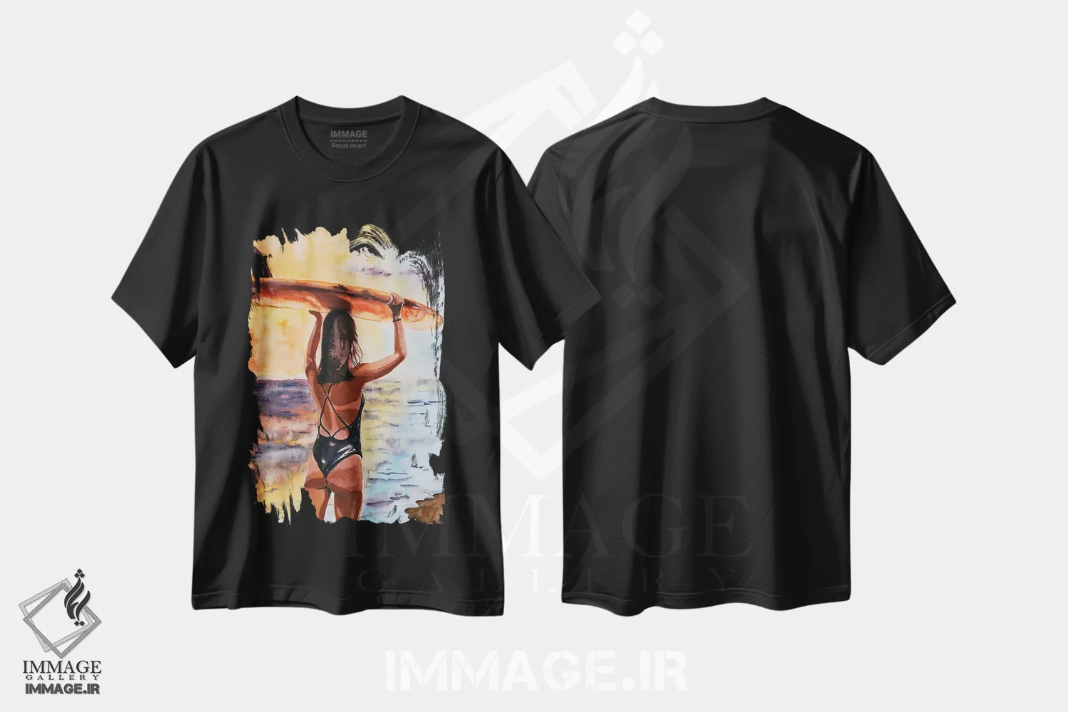 تیشرت مشکی طرح دار دختر موج سوار، دکور ساحلی اثر سو بنگ لیم | immage.ir