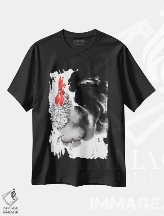 تیشرت مشکی طرح دار خروس بانگ زن، تزئینی اثر سو بنگ لیم | immage.ir