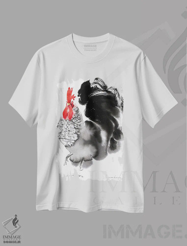 تیشرت سفید طرح دار خروس بانگ زن، تزئینی اثر سو بنگ لیم | فروشگاه ایماژ