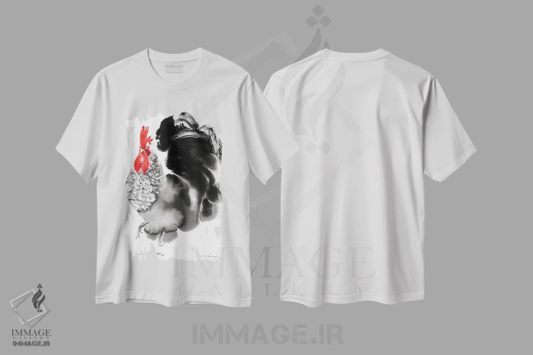 تیشرت سفید طرح دار خروس بانگ زن، تزئینی اثر سو بنگ لیم | فروشگاه ایماژ