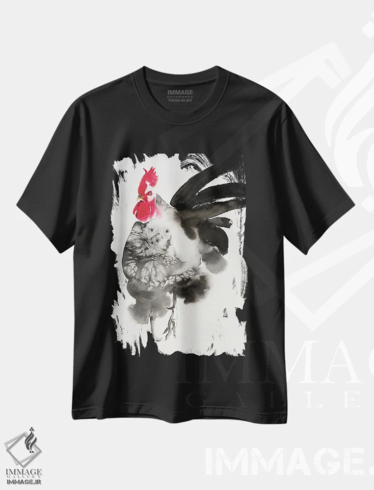 تیشرت مشکی طرح دار خروس پَرپَر، تزئینی اثر سو بنگ لیم | فروشگاه ایماژ