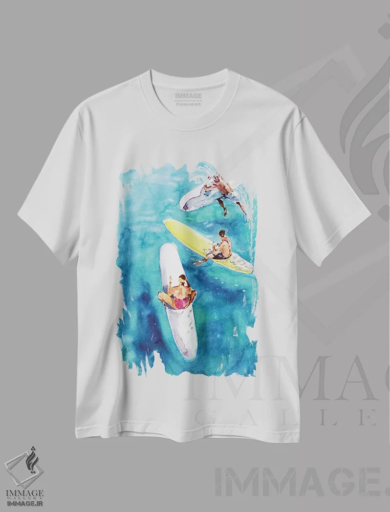 تیشرت سفید طرح دار محل تجمع موج سواران، دکور ساحلی اثر سو بنگ لیم | فروشگاه ایماژ