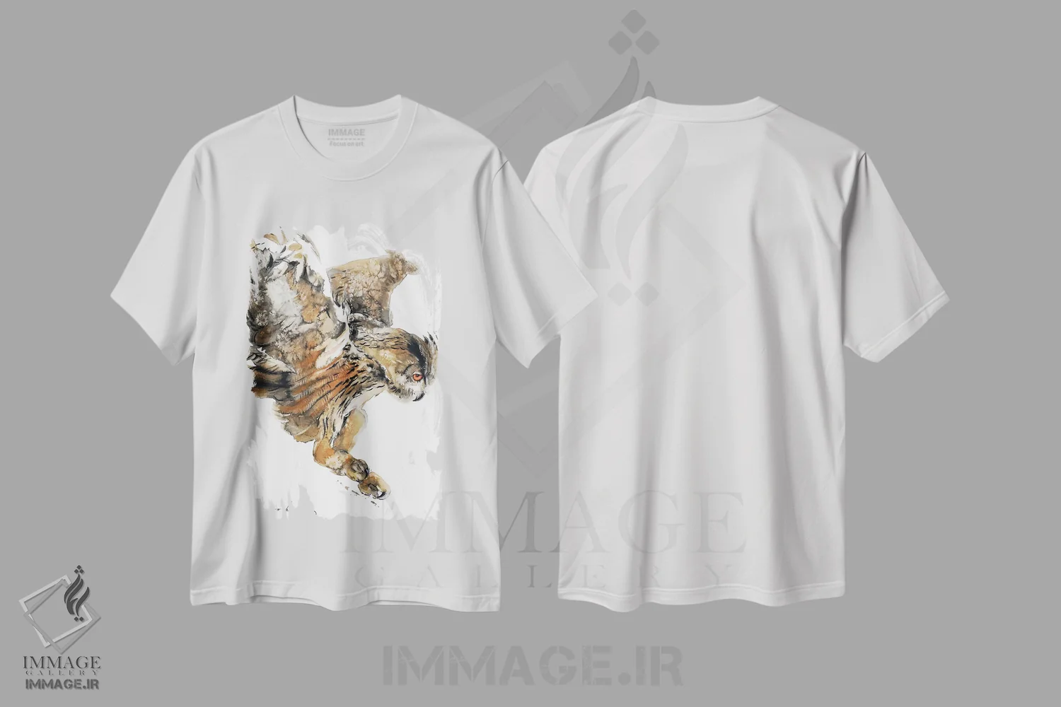 تیشرت سفید طرح دار شکار جغد، دکور کلبه و لژ اثر سو بنگ لیم | فروشگاه ایماژ