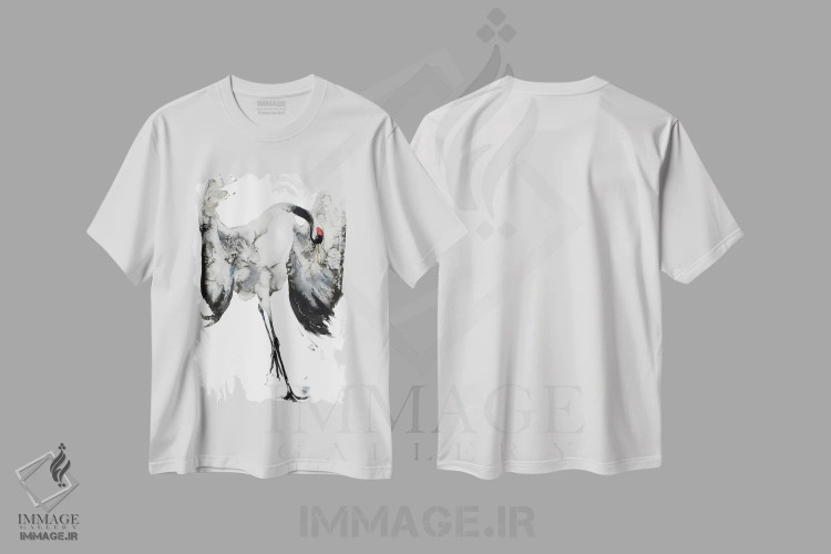 تیشرت سفید طرح دار درنای جهنده، دکور آسیایی اثر سو بنگ لیم | فروشگاه ایماژ