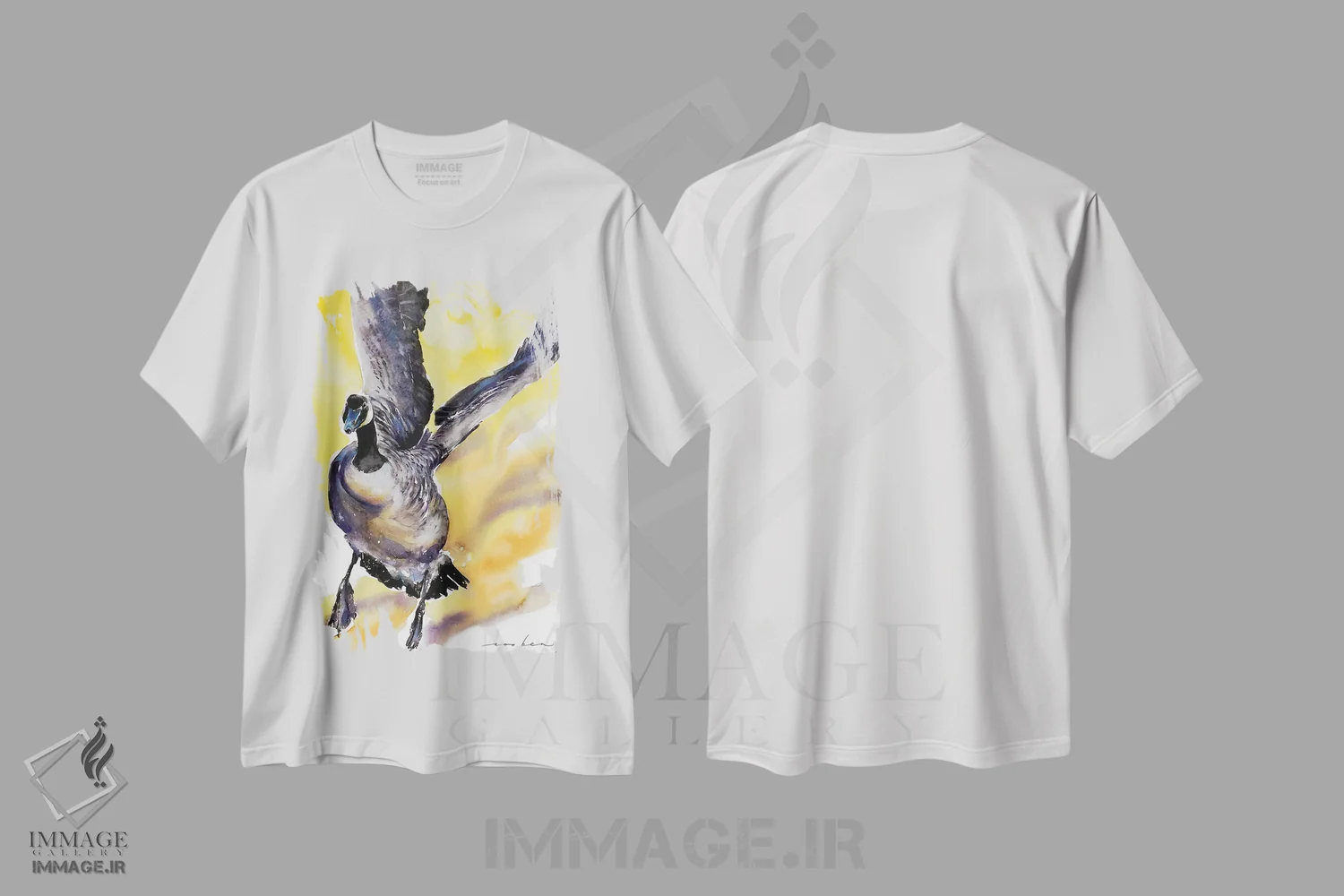 تیشرت سفید طرح دار پرواز غاز نر، هنر فاخر معاصر اثر سو بنگ لیم | فروشگاه ایماژ