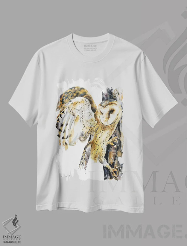تیشرت سفید طرح دار غریزه جغد، هنر فاخر معاصر اثر سو بنگ لیم | فروشگاه ایماژ
