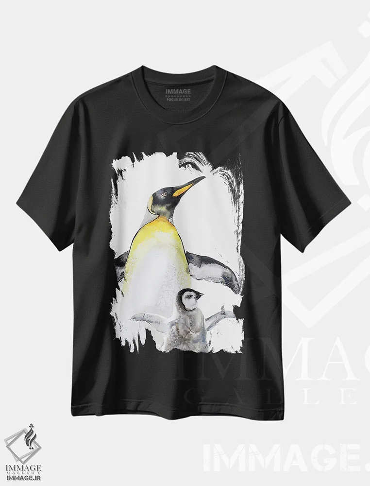 تیشرت مشکی طرح دار خانواده پنگوئن ها، هنر فاخر معاصر اثر سو بنگ لیم | فروشگاه ایماژ