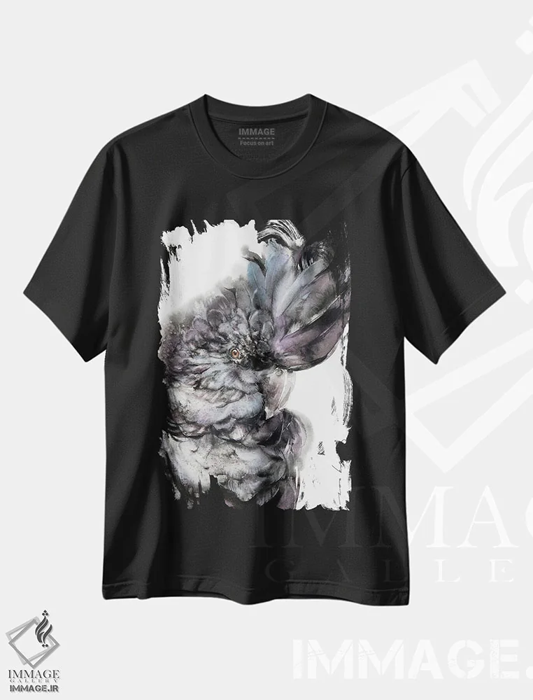 تیشرت مشکی طرح دار شکوه تاج کاکاتو، دکور معاصر اثر سو بنگ لیم | فروشگاه ایماژ