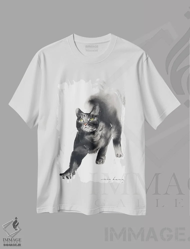 تیشرت سفید طرح دار یوگای گربه، تزئینی اثر سو بنگ لیم | فروشگاه ایماژ