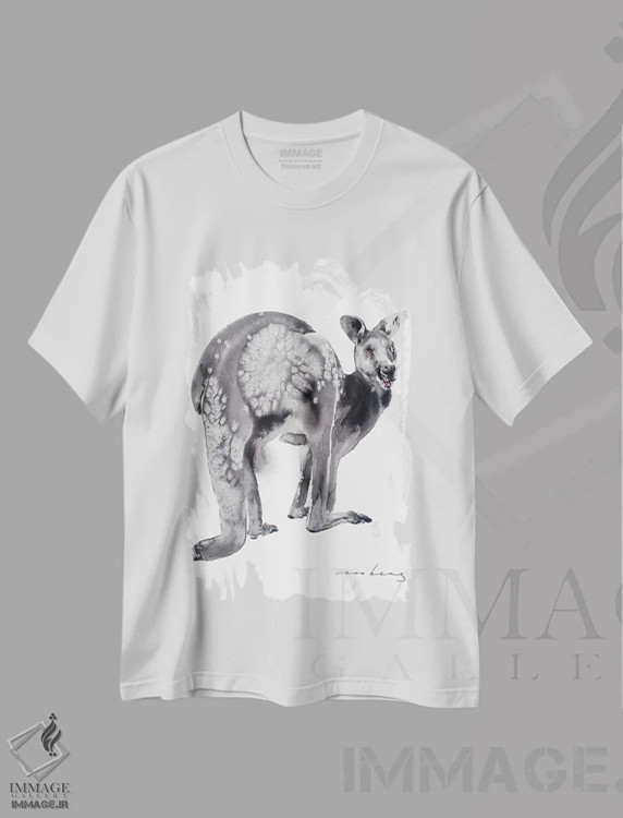 تیشرت سفید طرح دار کانگورو آرام، هنر فاخر معاصر اثر سو بنگ لیم | فروشگاه ایماژ