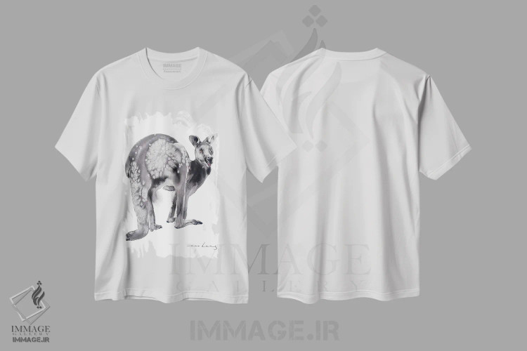 تیشرت سفید طرح دار کانگورو آرام، هنر فاخر معاصر اثر سو بنگ لیم | فروشگاه ایماژ