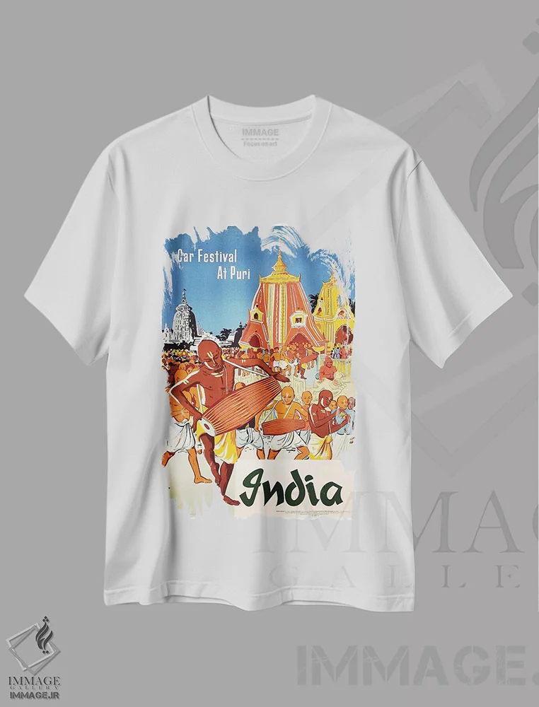 تیشرت سفید طرح دار هند: جشنواره ارابه در پوری، تایپوگرافی اثر هنرمند ناشناس | immage.ir
