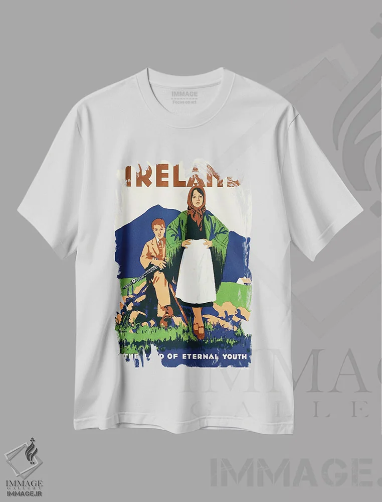 تیشرت سفید طرح دار ایرلند: سرزمین جوانی جاودان، تایپوگرافی اثر هنرمند ناشناس | فروشگاه ایماژ