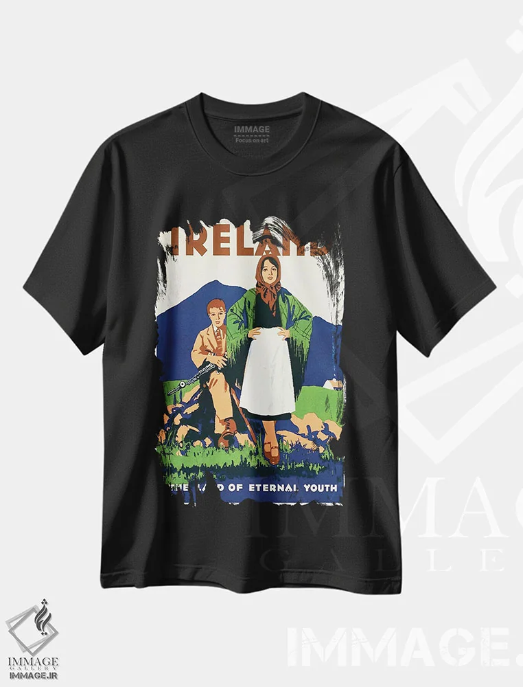 تیشرت مشکی طرح دار ایرلند: سرزمین جوانی جاودان، تایپوگرافی اثر هنرمند ناشناس | immage.ir