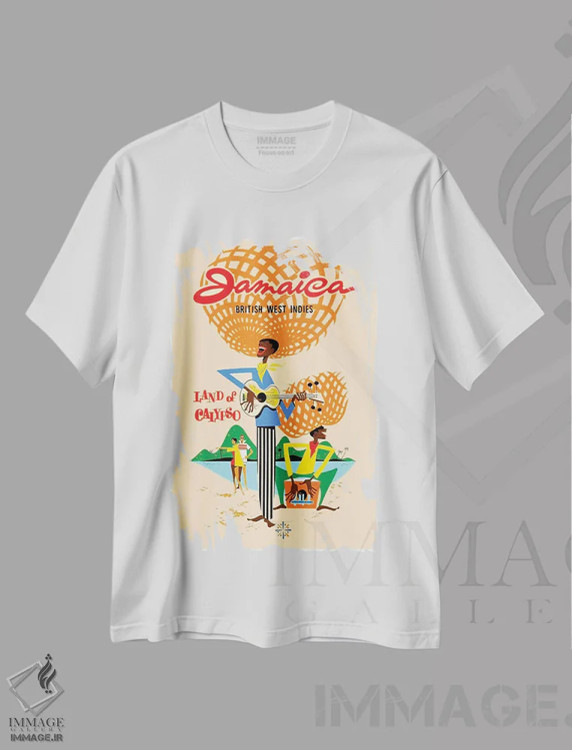 تیشرت سفید طرح دار جامائیکا، هند غربی بریتانیا: سرزمین کالیپسو، تایپوگرافی اثر هنرمند ناشناس | immage.ir
