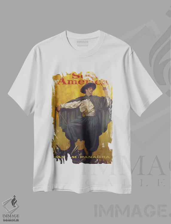تیشرت سفید طرح دار گردش هوایی به دور آمریکای جنوبی، تایپوگرافی اثر هنرمند ناشناس | immage.ir