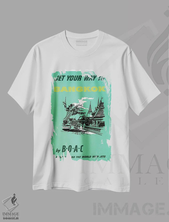 تیشرت سفید طرح دار با BOAC به بانکوک سفر کنید، تایپوگرافی اثر هنرمند ناشناس | فروشگاه ایماژ