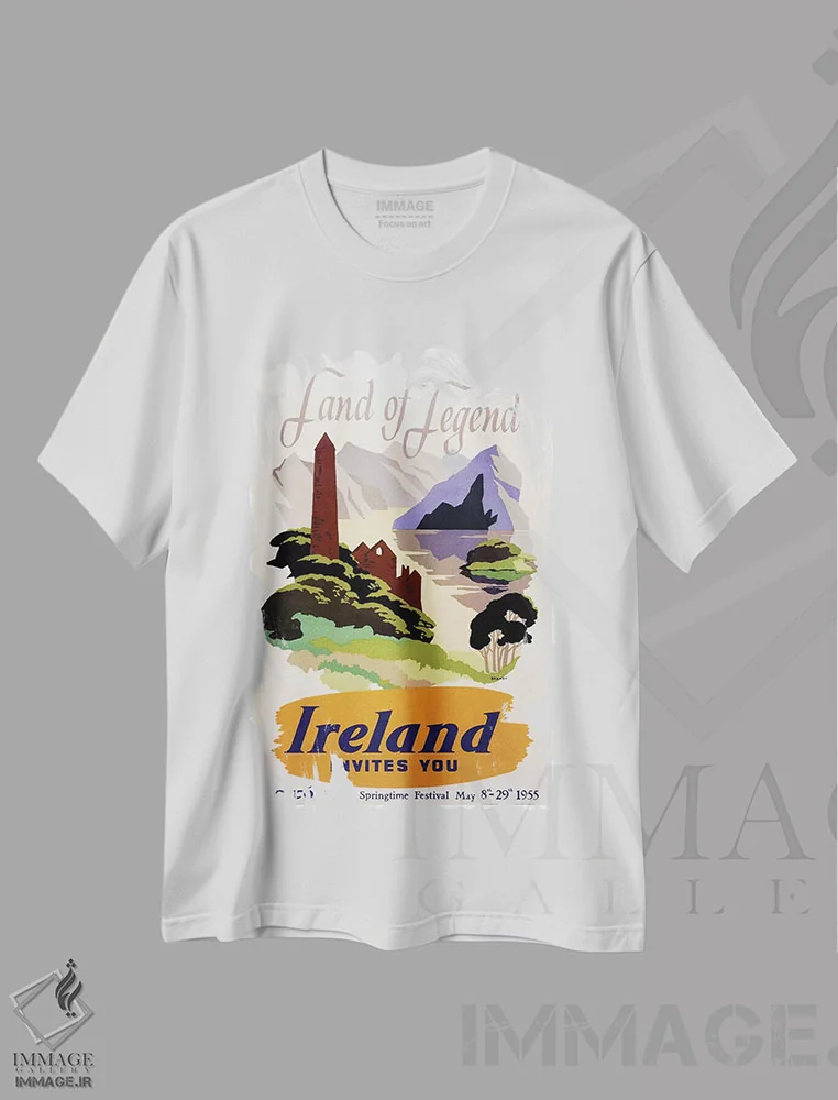 تیشرت سفید طرح دار سرزمین افسانه ها: ایرلند شما را دعوت می کند، تایپوگرافی اثر هنرمند ناشناس | فروشگاه ایماژ