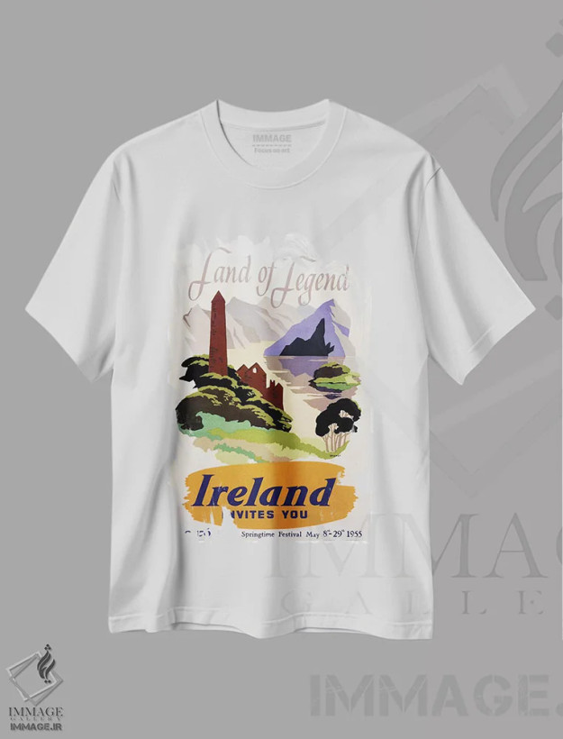 تیشرت سفید طرح دار سرزمین افسانه ها: ایرلند شما را دعوت می کند، تایپوگرافی اثر هنرمند ناشناس | فروشگاه ایماژ