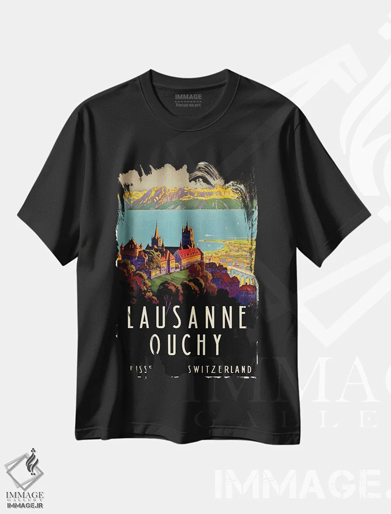 تیشرت مشکی طرح دار Switzerland II,لوزان-اووشی، سوئیس II، تایپوگرافی اثر هنرمند ناشناس | فروشگاه ایماژ