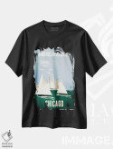 تیشرت مشکی طرح دار هواپیمایی آمریکن و سابنا به مقصد شیکاگو، تایپوگرافی اثر هنرمند ناشناس | فروشگاه ایماژ