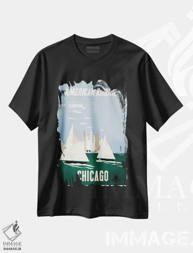 تیشرت مشکی طرح دار هواپیمایی آمریکن و سابنا به مقصد شیکاگو، تایپوگرافی اثر هنرمند ناشناس | فروشگاه ایماژ