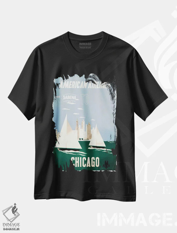تیشرت مشکی طرح دار هواپیمایی آمریکن و سابنا به مقصد شیکاگو، تایپوگرافی اثر هنرمند ناشناس | فروشگاه ایماژ