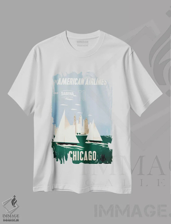 تیشرت سفید طرح دار هواپیمایی آمریکن و سابنا به مقصد شیکاگو، تایپوگرافی اثر هنرمند ناشناس | immage.ir