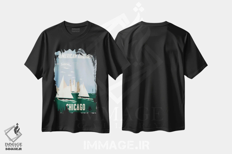تیشرت مشکی طرح دار هواپیمایی آمریکن و سابنا به مقصد شیکاگو، تایپوگرافی اثر هنرمند ناشناس | فروشگاه ایماژ