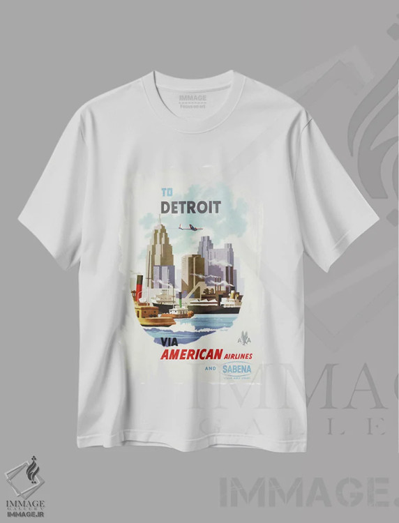 تیشرت سفید طرح دار هواپیمایی آمریکن و سابنا به مقصد دیترویت، تایپوگرافی اثر هنرمند ناشناس | immage.ir