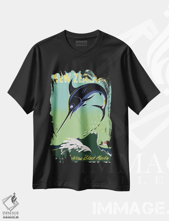 تیشرت مشکی طرح دار نیوزلند: خانهٔ مارلین سیاه جنگجو، تایپوگرافی اثر هنرمند ناشناس | immage.ir